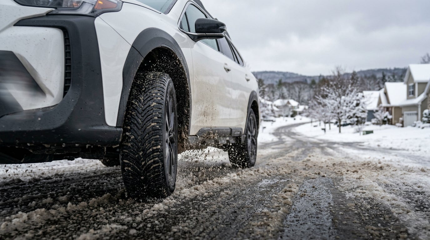 Low-angle shot of a white SUV driving through slushy snow on a residential street in winter. (Representative image for illustration purposes only. Actual vehicle may vary based on trim and configuration.)