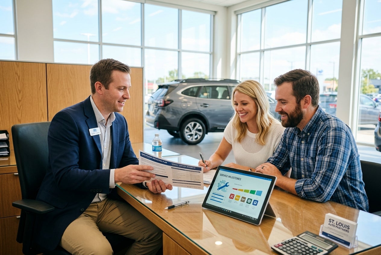 A car salesman explains a service protection plan to a smiling couple at a dealership desk. (Representative image for illustration purposes only. Actual vehicle may vary based on trim and configuration.)