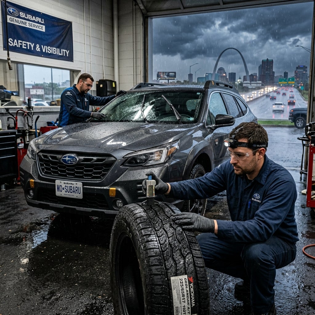 Technicians servicing a Subaru in a garage overlooking St. Louis during a storm.