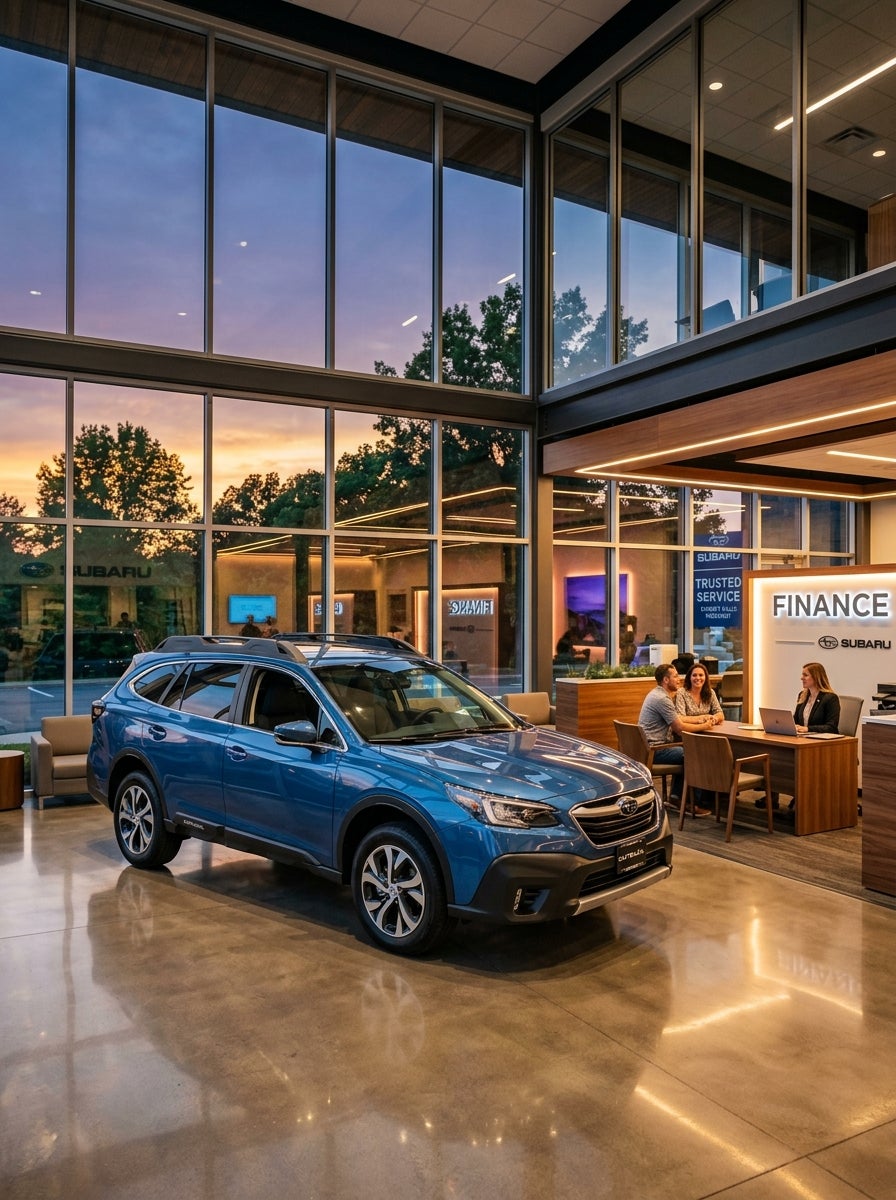 A new Subaru Outback parked in a scenic Missouri park, representing the leasing lifestyle