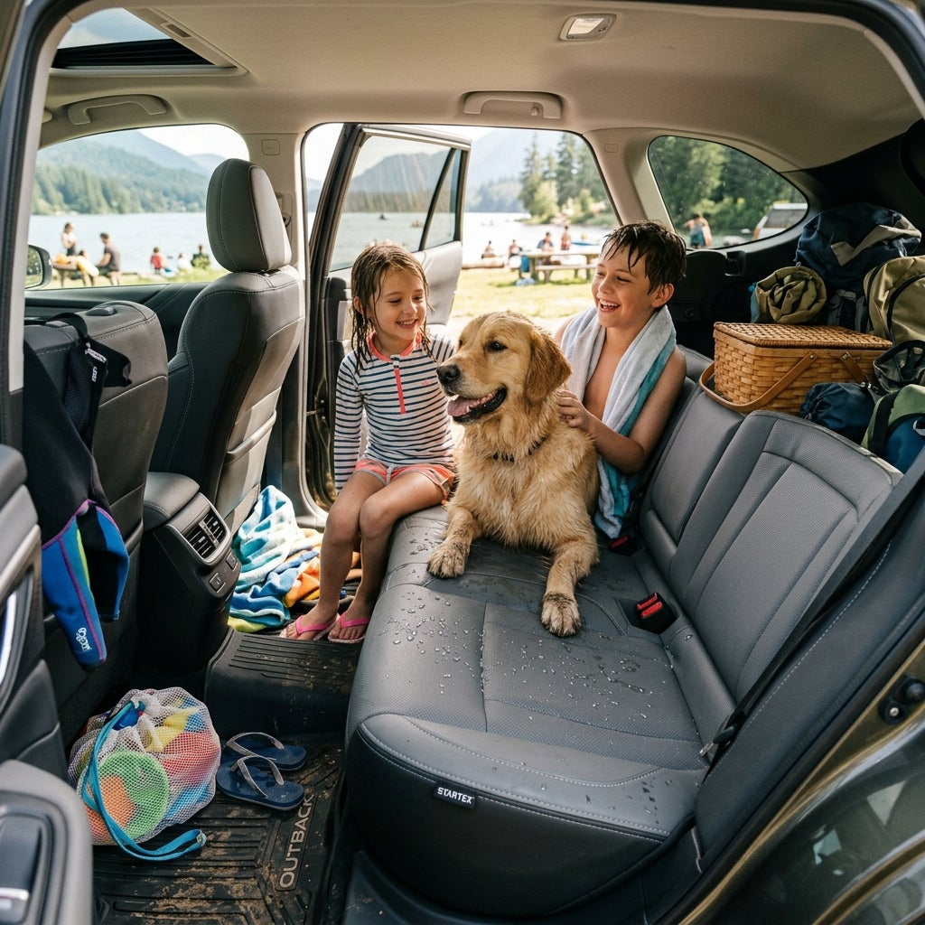 AI generated: A hyper-realistic 2026 Subaru interior featuring premium StarTex® water-repellent upholstery in a bright, adventure-ready SUV parked near a scenic lakeside park. A family returns from a day outdoors, with children wearing damp swimsuits and a happy dog with slightly muddy paws comfortably sitting on the rear seats. Water droplets bead up on the StarTex® seating surface rather than soaking in, visually demonstrating its protective qualities. Sunlight streams through the windows, highlighting the durable texture and premium appearance of the upholstery. Outdoor gear, towels, and a picnic basket are visible in the cargo area, reinforcing an active lifestyle. The atmosphere is carefree and family-friendly, emphasizing convenience, durability, and easy cleanup after outdoor adventures. Ultra-detailed automotive lifestyle photography, realistic textures, natural lighting, shallow depth of field, premium Subaru marketing campaign quality, 8K resolution, vibrant colors, authentic family adventure scene, focus on pet-friendly and family-friendly vehicle ownership.