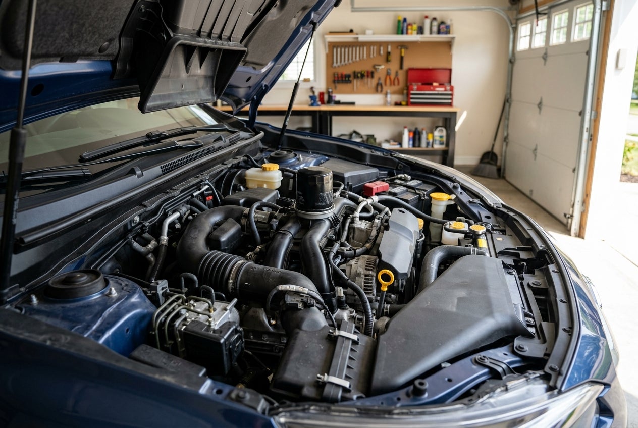 Open hood of a dark blue car parked inside an organized garage, showing the detailed engine bay. (Representative image for illustration purposes only. Actual vehicle may vary based on trim and configuration.)