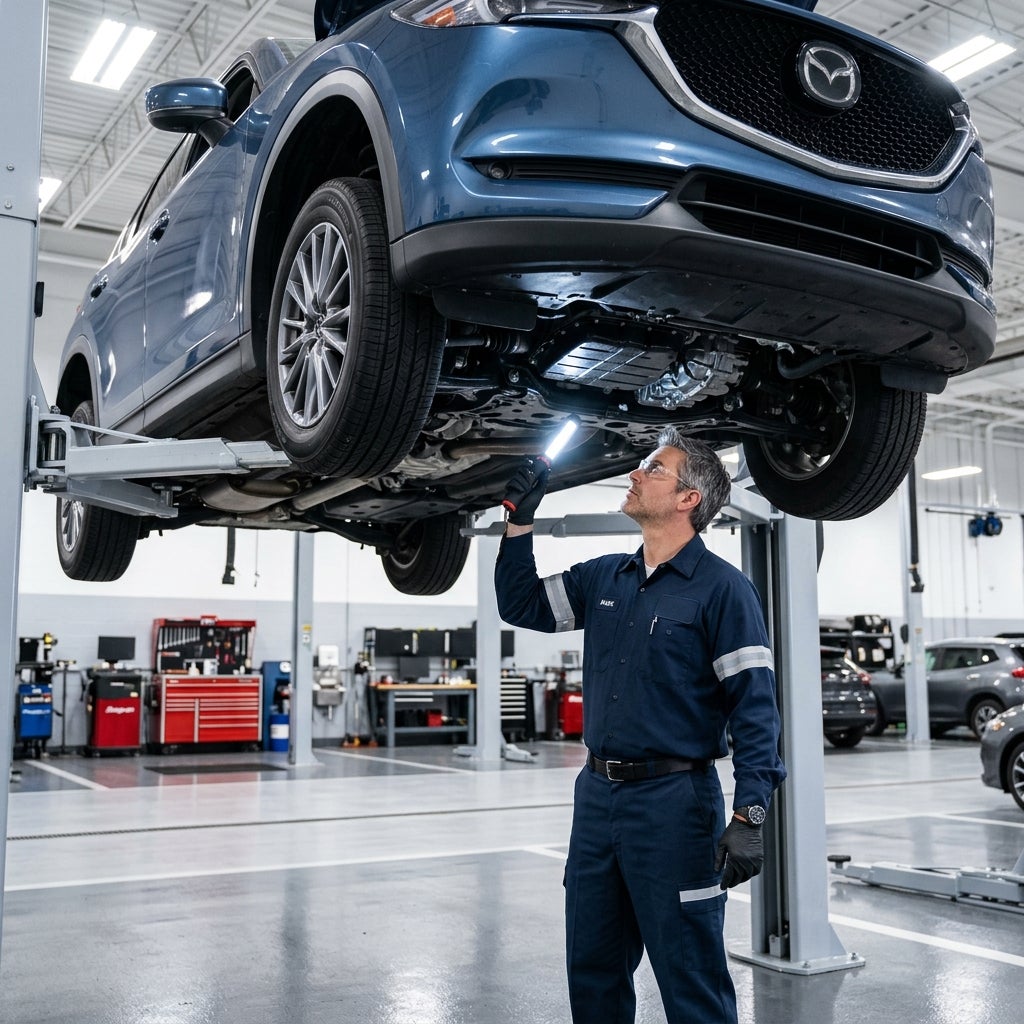 Auto mechanic holding an inspection light underneath a blue Mazda SUV raised on a hydraulic lift in a service shop. (Representative image for illustration purposes only. Actual vehicle may vary based on trim and configuration.)