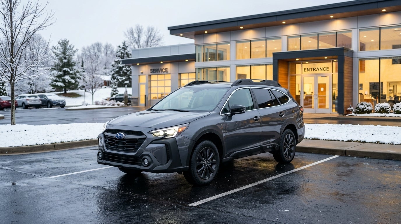 Dark grey Subaru Outback parked outside a dealership service entrance on a snowy winter day. (Representative image for illustration purposes only. Actual vehicle may vary based on trim and configuration.)