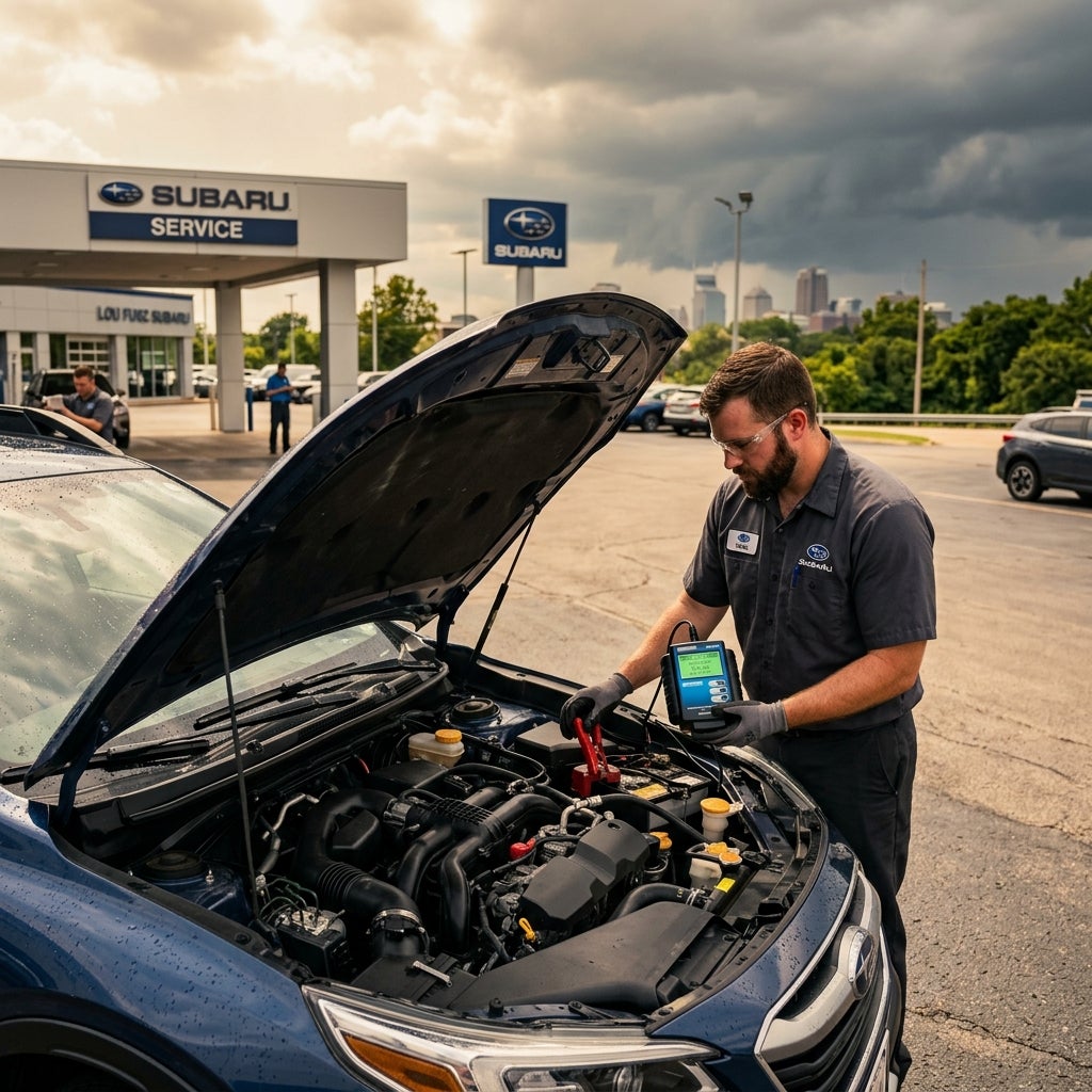 A service technician in a grey uniform tests a blue Subaru’s battery with a diagnostic tool at a dealership.