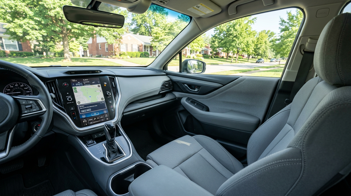 Interior view of a modern car showing the dashboard, touchscreen navigation system, and grey fabric seats. (Representative image for illustration purposes only. Actual vehicle may vary based on trim and configuration.)