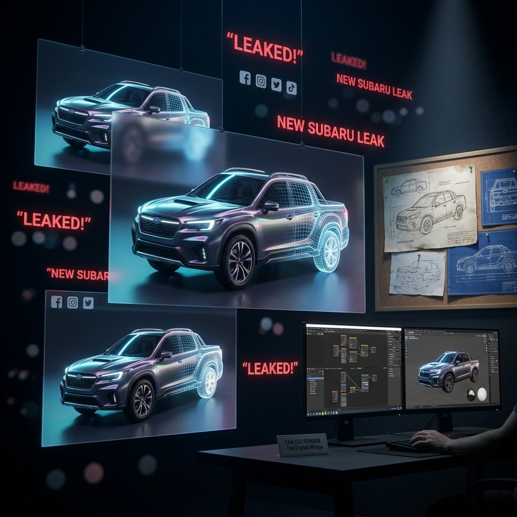 AI generated: Photorealistic cinematic scene illustrating “The Digital Mirage” concept — a hyper-realistic futuristic Subaru-inspired crossover SUV displayed on multiple floating social media screens inside a dark digital studio environment, dramatic neon blue and soft white lighting, holographic interface overlays, ultra-detailed 3D wireframe meshes partially visible beneath glossy rendered body panels, digital artist workstation in the background with rendering software open on large monitors, realistic ray-traced reflections, social media icons and “LEAKED” headlines floating in cyberspace, subtle visual contrast between fantasy concept styling and authentic automotive engineering sketches pinned nearby, emphasizing that many viral “leaks” are actually fan-made CGI renders rather than official Subaru designs, sleek modern atmosphere, cinematic depth of field, volumetric lighting, ultra high detail, realistic textures, sharp reflections, futuristic but believable automotive design, 8K, professional automotive advertisement style, dramatic composition, no logos, no watermarks, no text artifacts.