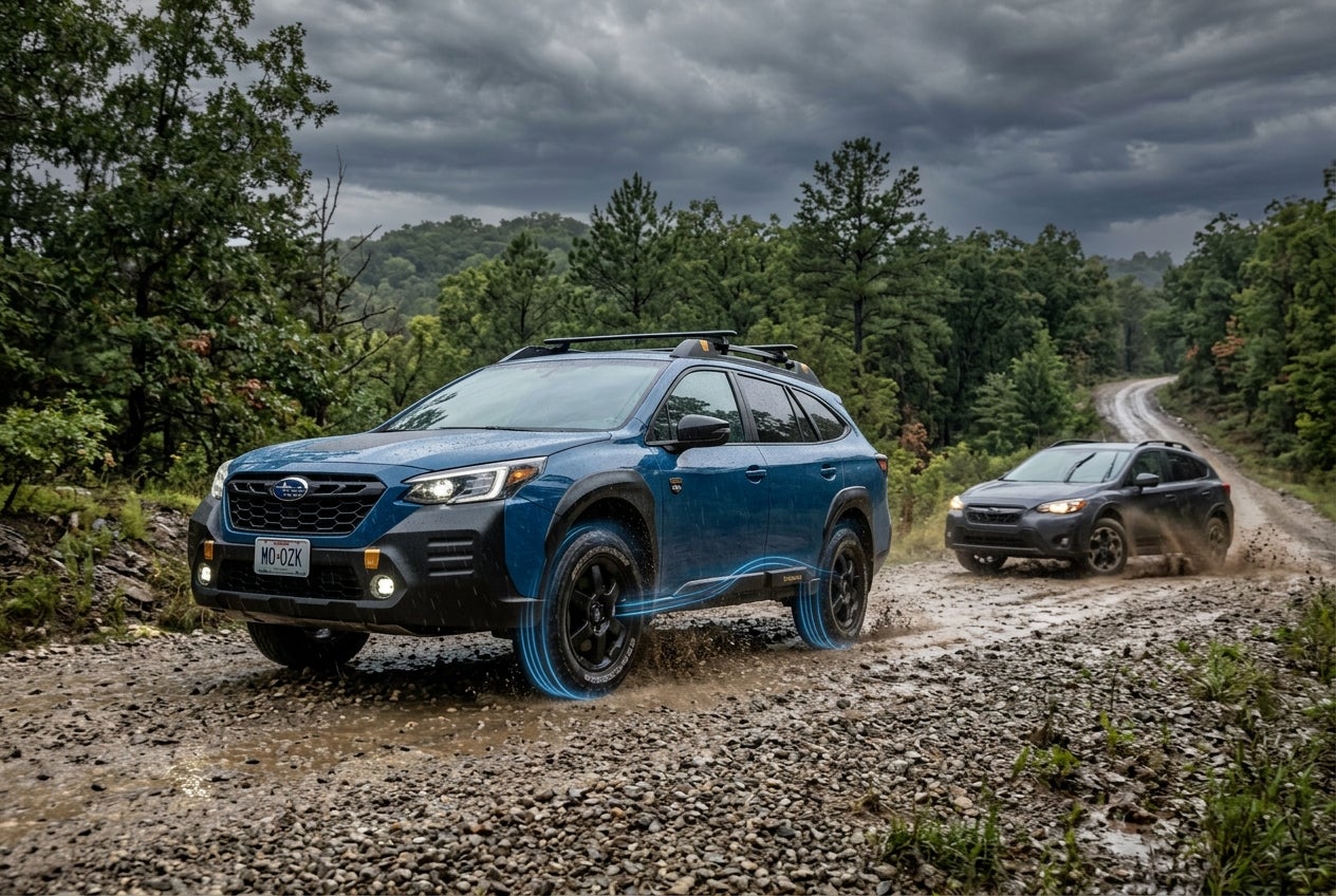 AI generated: A photorealistic 2026 Subaru Outback Wilderness crossing a rain-soaked gravel road in the Missouri Ozarks. The vehicle remains perfectly stable while subtle blue energy lines illustrate torque proactively flowing to the wheels with traction before wheel slip occurs. In the background, a generic AWD crossover experiences visible tire spin and instability. Dramatic storm clouds, wet gravel, realistic suspension movement, cinematic action photography, ultra-realistic lighting, professional Subaru advertising style, HDR, magazine-cover quality, 8K resolution.