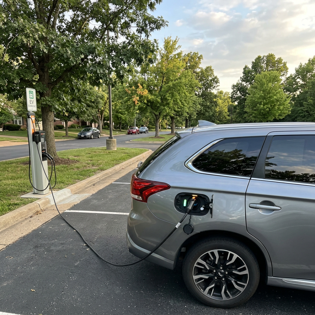 A silver SUV plugged into a public electric vehicle charging station in a parking lot. (Representative image for illustration purposes only. Actual vehicle may vary based on trim and configuration.)