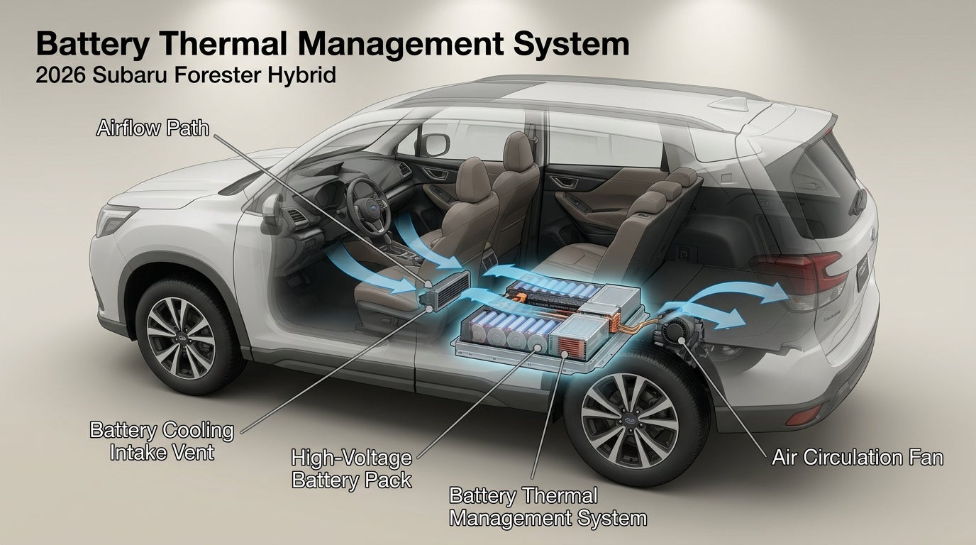 Cutaway diagram of a 2026 Subaru Forester Hybrid showing the battery thermal management system and airflow path. (Representative image for illustration purposes only. Actual vehicle may vary based on trim and configuration.)