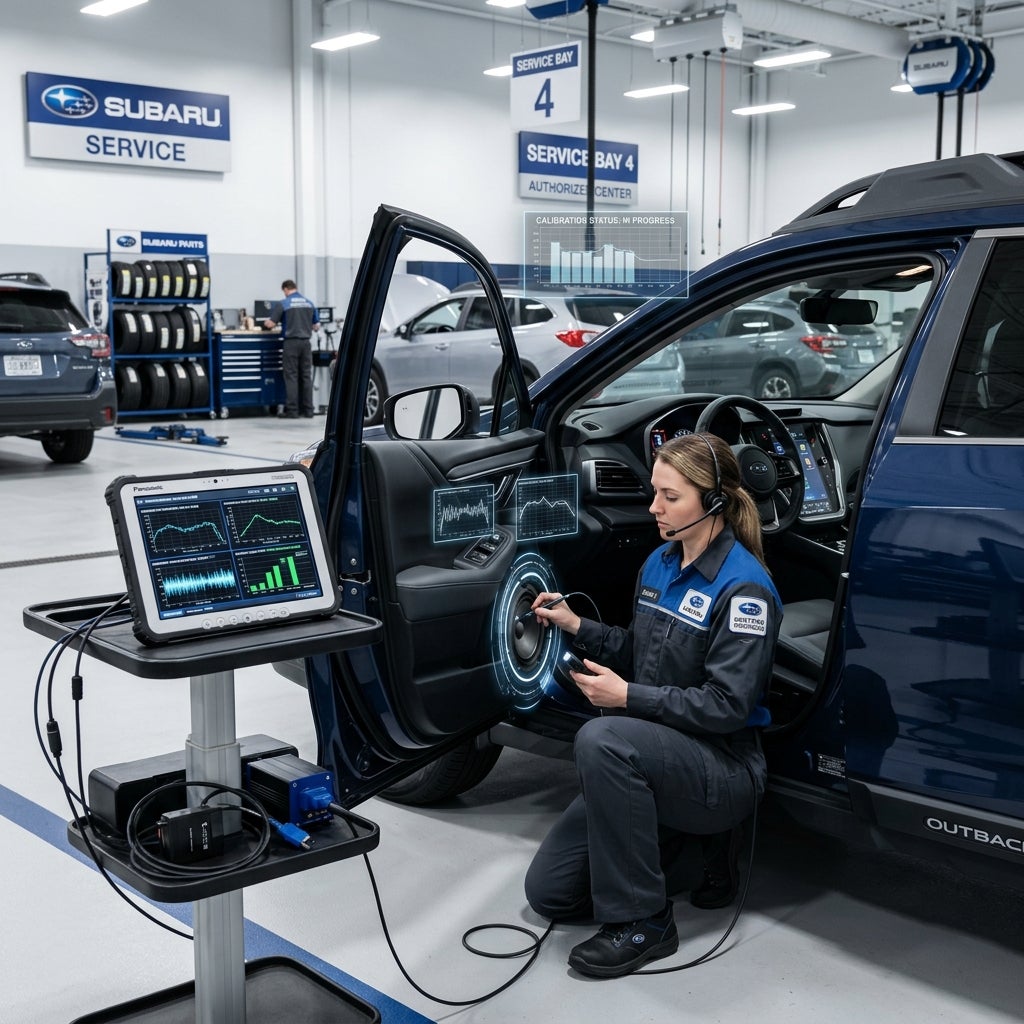 AI generated: A hyper-realistic Subaru service center interior featuring a certified Subaru technician performing a detailed audio system inspection on a modern 2026 Subaru Outback Onyx Edition. The vehicle is positioned in a spotless, state-of-the-art service bay with advanced diagnostic equipment connected to the infotainment system. The technician carefully examines a premium door-mounted speaker while a digital tablet displays audio calibration graphs, sound-wave diagnostics, and system performance data. Subtle holographic overlays visualize speaker tuning, vibration analysis, and precision calibration, emphasizing expert care and technical expertise. The vehicle's interior is illuminated, showcasing premium speakers and luxury materials. The atmosphere conveys professionalism, trust, and attention to detail. Bright service bay lighting, realistic reflections, ultra-detailed textures, shallow depth of field, cinematic automotive photography, dealership-quality marketing imagery, 8K resolution, premium customer service experience, focus on precision diagnostics, eliminating rattles and vibrations, and maintaining crystal-clear sound quality.