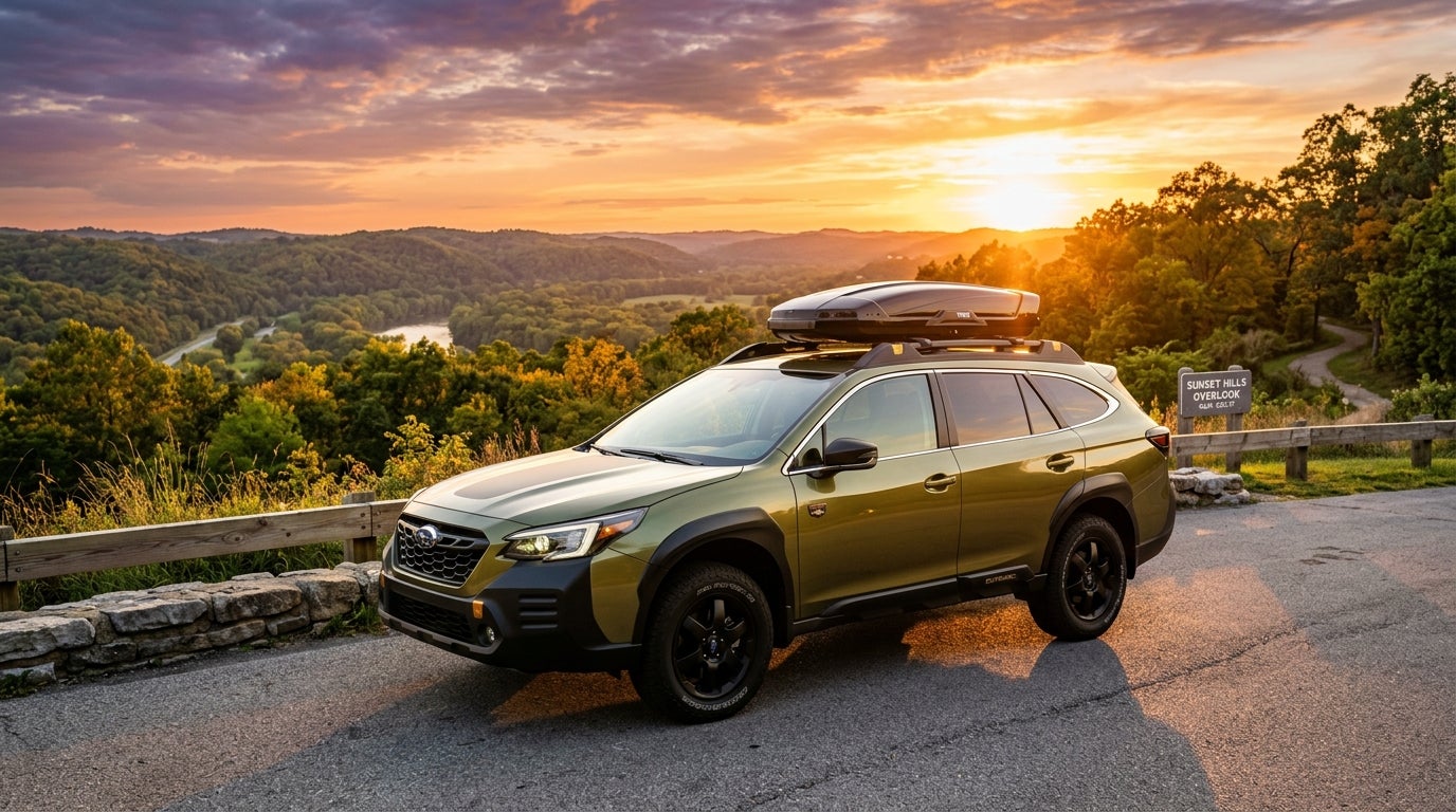 AI generated: A sleek 2024 Subaru Outback in metallic Autumn Green parked on a scenic overlook in Sunset Hills, Missouri, during the peak of golden hour, warm sunlight reflecting off the car's polished body and Symmetrical All-Wheel Drive badge, a backdrop of rolling Missouri hills and lush green oak trees under a vibrant orange and purple sunset sky, crisp automotive photography, low-angle three-quarter view, high-end lifestyle aesthetic, clean suburban roads transitioning into a park trail, soft lens flare, high dynamic range, natural textures of the asphalt and distant foliage, aspirational and serene mood.