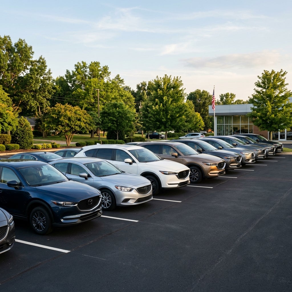 A row of new Mazda cars and SUVs parked in a dealership lot on a sunny day. (Representative image for illustration purposes only. Actual vehicle may vary based on trim and configuration.)