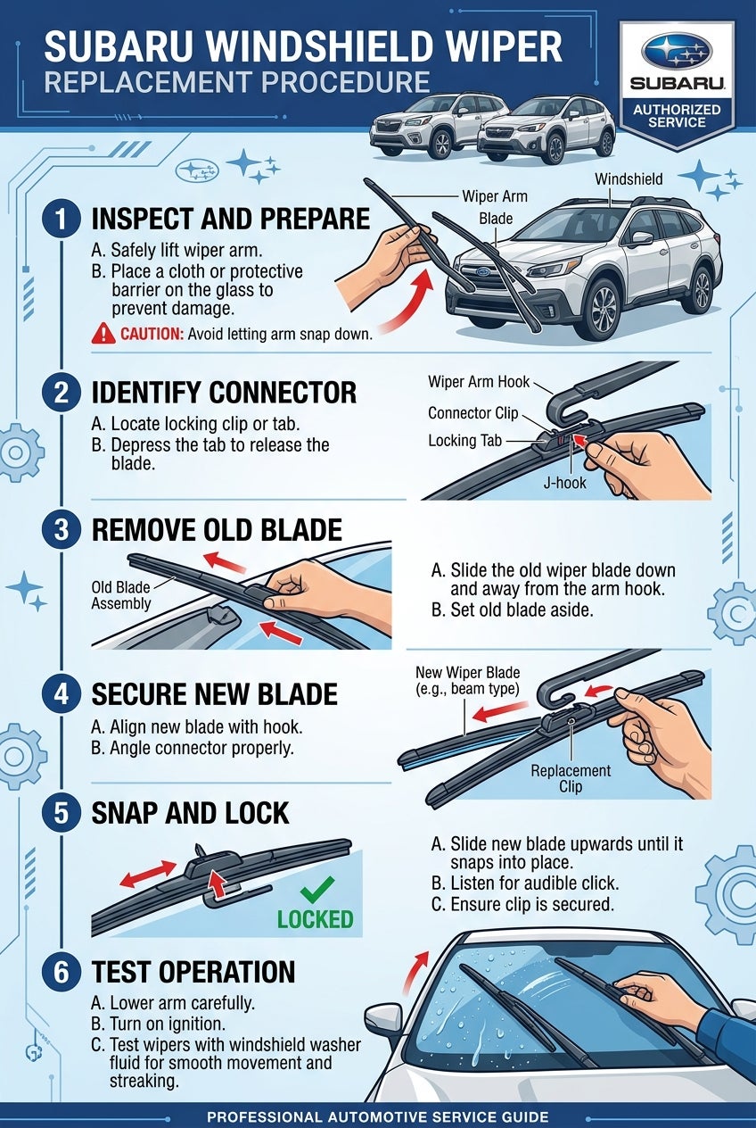 AI generated: Create a professional automotive service infographic showing a step-by-step windshield wiper replacement procedure on a modern Subaru (2020+ Outback, Forester, Crosstrek, or Ascent). Clean dealership service manual style with realistic illustrations, numbered steps, clear callout arrows, labeled components, and easy-to-follow visual instructions. Subaru-themed design, blue and white color palette, highly detailed, educational, dealership-quality graphic, vector infographic style, print-ready resolution, vertical layout.