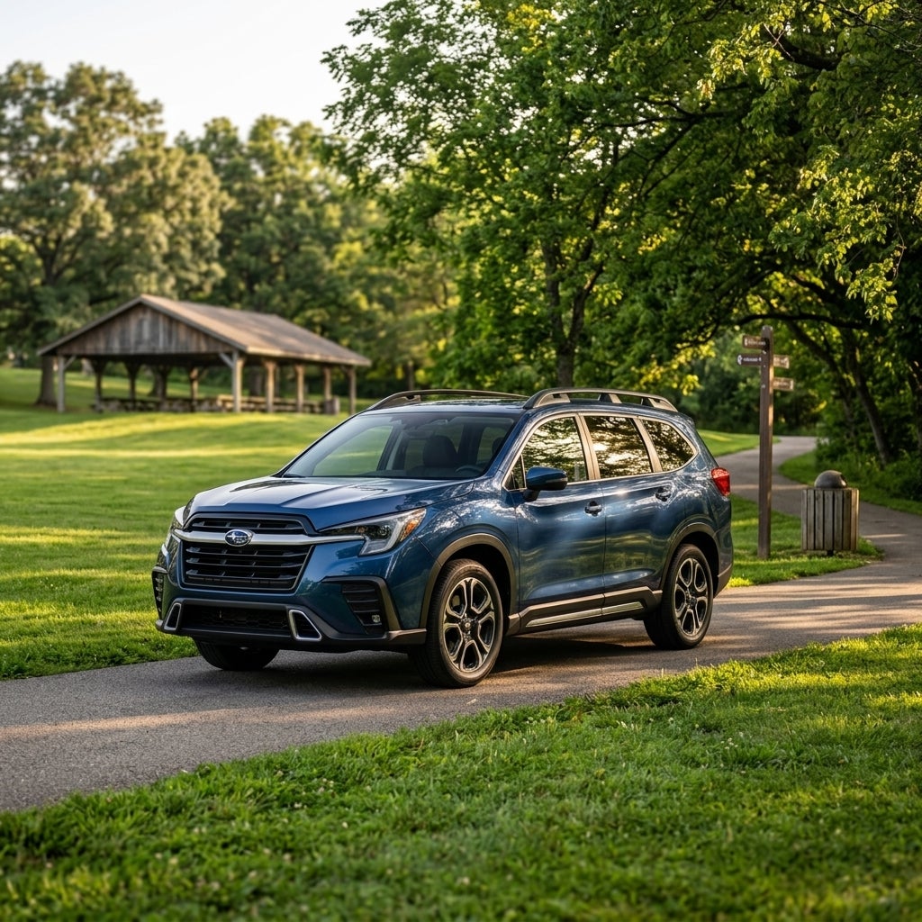 Blue Subaru Ascent parked on a paved path in a grassy park with a pavilion in the background. (Representative image for illustration purposes only. Actual vehicle may vary based on trim and configuration.)