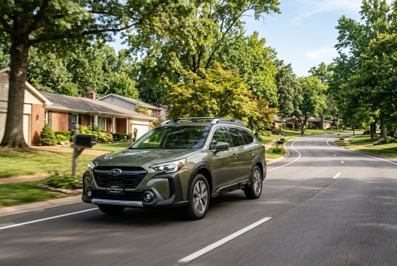 An olive green Subaru Outback SUV driving along a tree-lined suburban road. (Representative image for illustration purposes only. Actual vehicle may vary based on trim and configuration.)