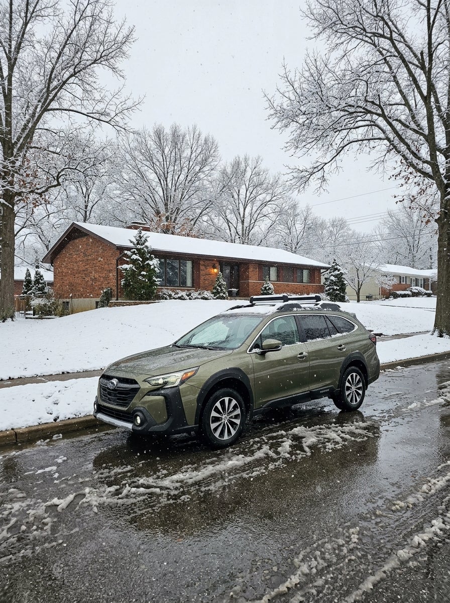 AI generated: a 2026 Subaru Outback parked on the wet asphalt of a suburban Missouri street in Sunset Hills during a soft winter snowfall, the Outback in Autumn Green Metallic low-angle wide shot, the vehicles are positioned in front of a mid-century brick ranch-style home with a gently rolling lawn, mature oak trees with bare branches dusted in fresh white snow, a overcast Missouri sky with soft diffused lighting, realistic winter slush building up on the street curbs, high-resolution photography, natural color palette of muted greys and deep greens, quiet and crisp winter mood, no people, no text.
