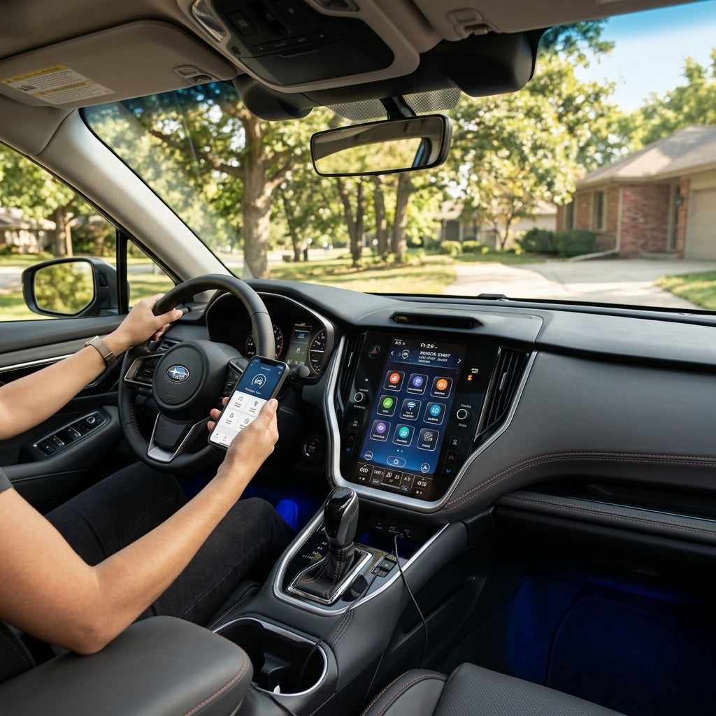 Driver inside a Subaru holding a smartphone connected to the vehicle's touchscreen infotainment system. (Representative image for illustration purposes only. Actual vehicle may vary based on trim and configuration.)