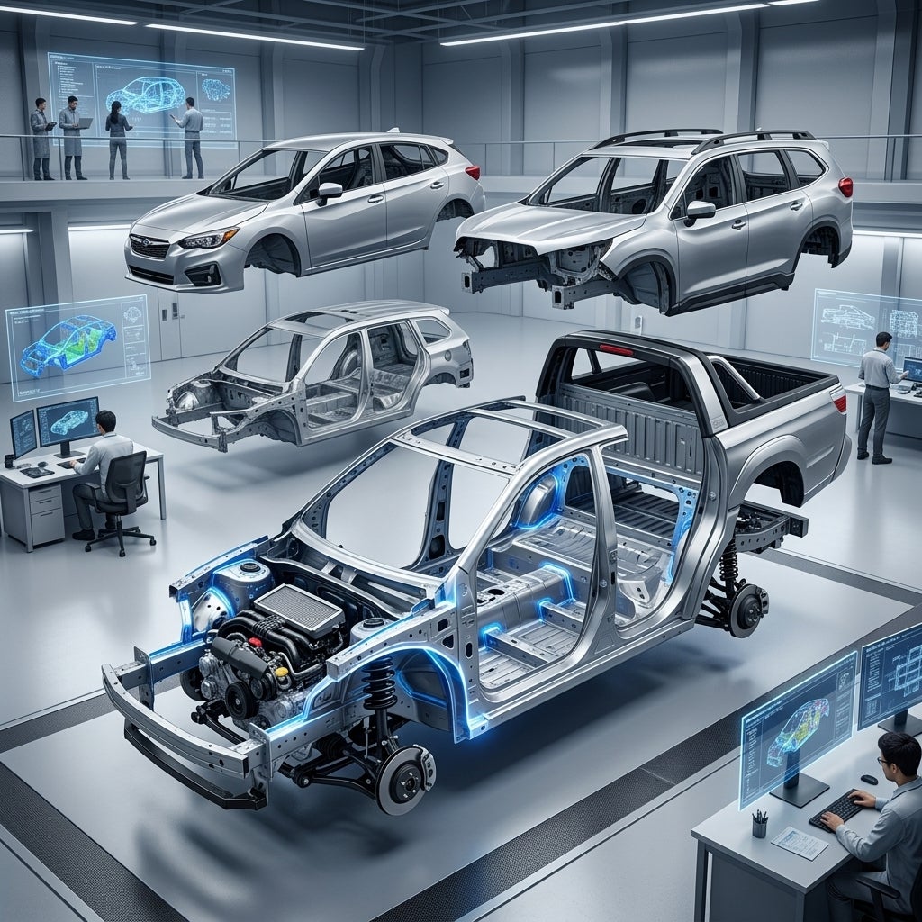 AI generated: Photorealistic automotive engineering visualization showing the “Structural Reality” of Subaru’s modular platform architecture — an exploded-view CGI render of the Subaru Global Platform (SGP) in a massive futuristic engineering studio, showcasing multiple vehicle body styles seamlessly mounted onto the same chassis foundation: compact hatchback, midsize SUV, three-row SUV, and a modern unibody pickup truck concept, emphasizing modular scalability and engineering flexibility. The central chassis frame is illuminated with glowing structural highlights, visible suspension systems, battery tunnel, drivetrain components, reinforced mounting points, and advanced safety cage architecture. Engineers in the background analyze holographic CAD blueprints and structural simulations on transparent displays. The pickup truck body shell appears partially assembled onto the platform, demonstrating technical feasibility without major redesign. Clean industrial atmosphere, dramatic white and blue lighting, high-detail metallic textures, realistic reflections, cinematic perspective, advanced manufacturing environment, realistic proportions inspired by Subaru engineering philosophy, ultra-detailed 8K render, professional automotive documentary style, no logos, no watermarks, no text artifacts.