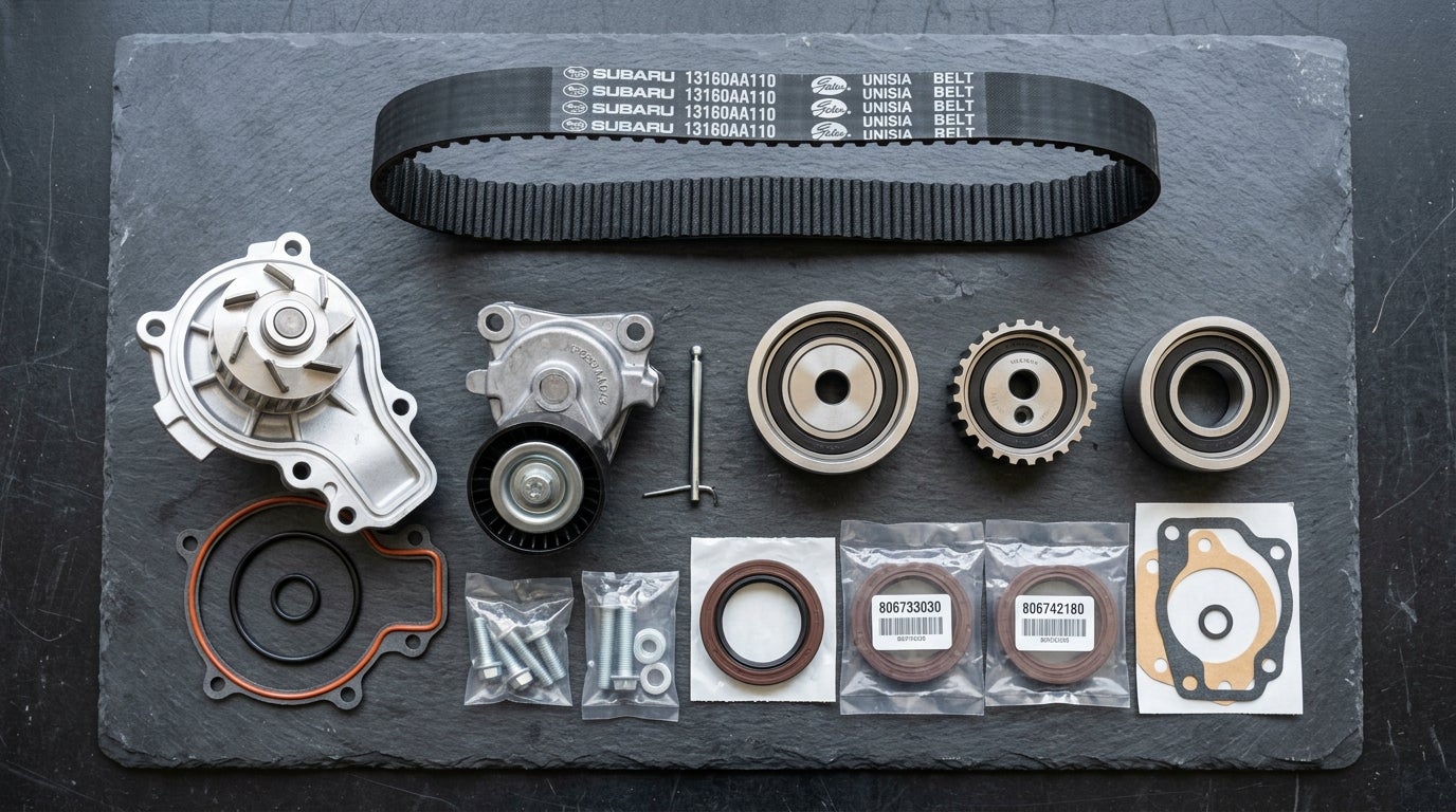 Subaru timing belt kit with water pump, tensioner, idler pulleys, seals, and gaskets arranged on a slate surface. (Representative image for illustration purposes only. Actual vehicle may vary based on trim and configuration.)
