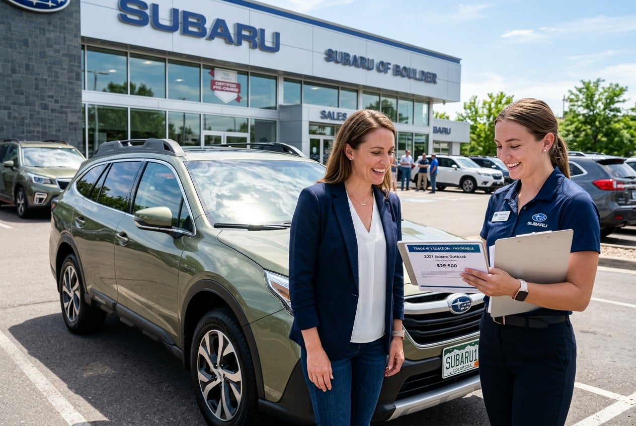 AI generated: A photorealistic Subaru owner receiving a favorable trade-in appraisal at a professional dealership. Their meticulously maintained Subaru Outback shines under bright summer sunlight while a dealership specialist presents positive valuation information. The vehicle appears clean, cared for, and highly desirable. The atmosphere conveys confidence, transparency, and excitement about upgrading. Professional automotive advertising photography, realistic emotions, premium dealership environment, ultra-detailed vehicle reflections, cinematic depth of field, 8K resolution.