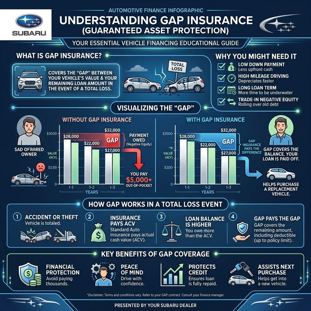 AI generated: Create a professional automotive finance infographic explaining Guaranteed Asset Protection (GAP) coverage for vehicle buyers. Modern Subaru dealership educational graphic with clean financial illustrations, easy-to-understand visual comparisons, numbered callouts, icons, arrows, and labeled dollar amounts. Subaru-themed blue, white, and silver color palette. Financial education style, dealership finance office quality, highly detailed vector infographic, print-ready resolution,