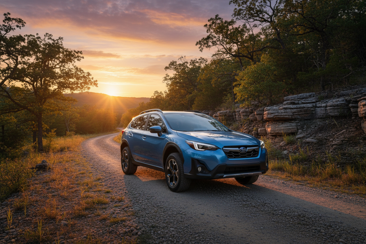A conceptual silhouette of the 2026 Subaru Crosstrek parked on a mountain ridge during sunset, highlighting its rugged profile.