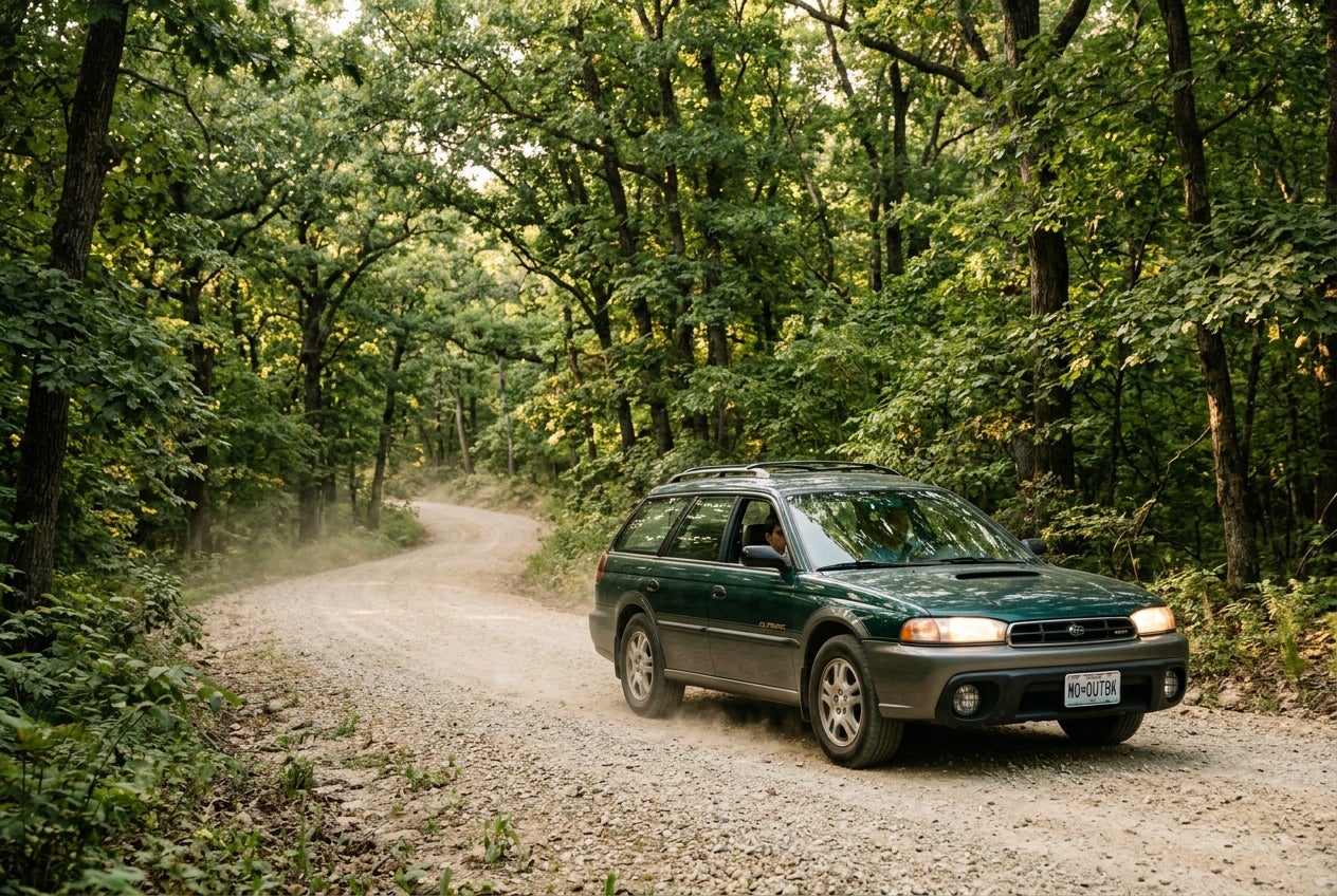 A green Subaru Outback station wagon driving along a gravel road winding through a dense green forest. (Representative image for illustration purposes only. Actual vehicle may vary based on trim and configuration.)