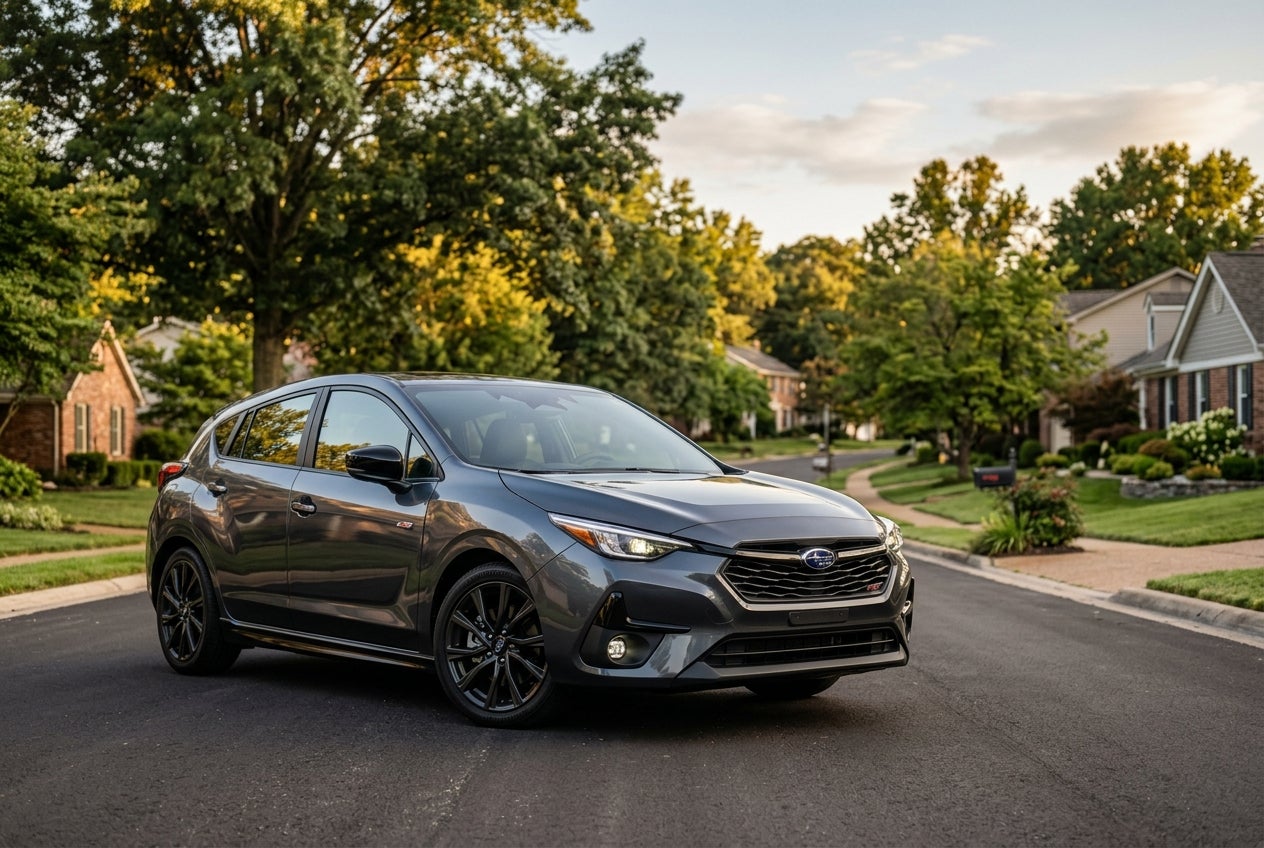 Dark grey Subaru Impreza RS hatchback parked on a quiet residential street at golden hour. (Representative image for illustration purposes only. Actual vehicle may vary based on trim and configuration.)