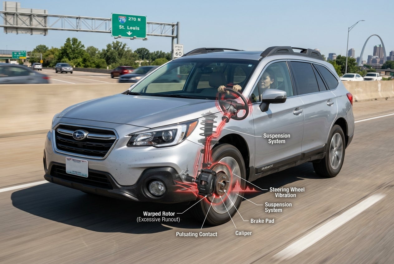 AI generated: Create an ultra-photorealistic automotive service diagnostic scene featuring a late-model Subaru SUV traveling on Interstate 270 near St. Louis during daylight. The driver is applying the brakes at highway speed while visibly experiencing a subtle steering wheel vibration. Use cinematic storytelling to illustrate the effects of warped brake rotors without appearing dangerous or out of control. Include a detailed cutaway or transparent technical overlay showing brake pads contacting a rotor with excessive runout, highlighting uneven rotor surfaces and pulsation points. Add dynamic visual indicators showing vibrations traveling from the brake assembly through the suspension and into the steering wheel. Emphasize engineering precision, safety, and vehicle maintenance.
The vehicle should appear modern, clean, and well-maintained, with realistic highway surroundings, clear lane markings, and Missouri interstate scenery. Include highly detailed brake components, suspension parts, wheel hubs, and rotor surfaces rendered with engineering-level accuracy. Lighting should be dramatic yet realistic, with sharp reflections on metallic surfaces and subtle motion blur conveying highway speed. Professional automotive advertising photography style, dealership marketing quality, ultra-detailed textures, realistic materials, depth of field, HDR lighting, 8K resolution, crisp focus, magazine-quality automotive imagery, horizontal 16:9 composition, no text, no watermarks, no logos.