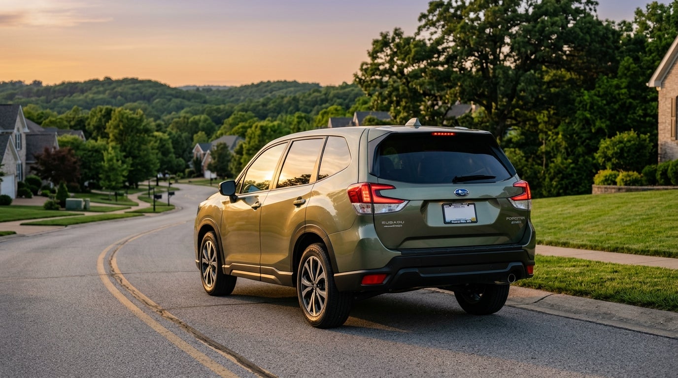 AI generated: Cinematic automotive photography, a 2026 Subaru Forester in a modern metallic finish, parked on a clean asphalt road in the suburban neighborhood of Sunset Hills, Missouri, low-angle three-quarter rear view highlighting the rear hatch and liftgate assembly, background featuring the lush green rolling hills and mature oak trees of a Midwest summer, soft warm golden hour light casting long shadows across the pavement, clear sky with a hint of orange and violet, crisp focus on the vehicle's rear body panels and structural lines, photorealistic, professional lighting, highly detailed, serene and authoritative atmosphere.