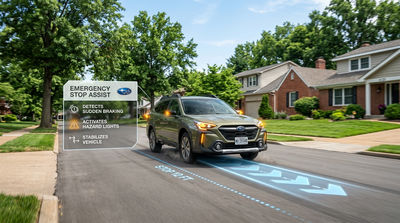A green Subaru SUV braking on a suburban street with graphics illustrating Emergency Stop Assist features. (Representative image for illustration purposes only. Actual vehicle may vary based on trim and configuration.)