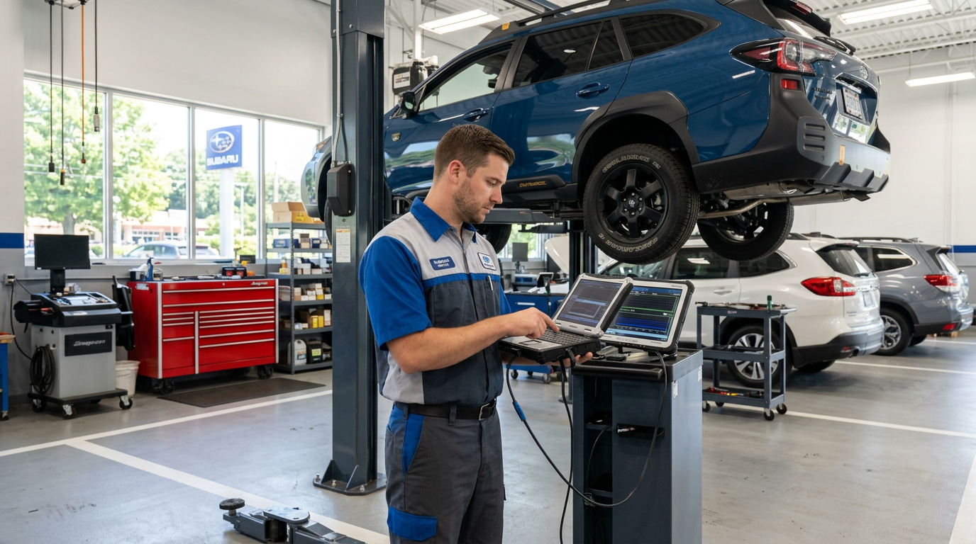 A mechanic uses a diagnostic laptop in a clean Subaru service bay with a blue vehicle on a lift. (Representative image for illustration purposes only. Actual vehicle may vary based on trim and configuration.)