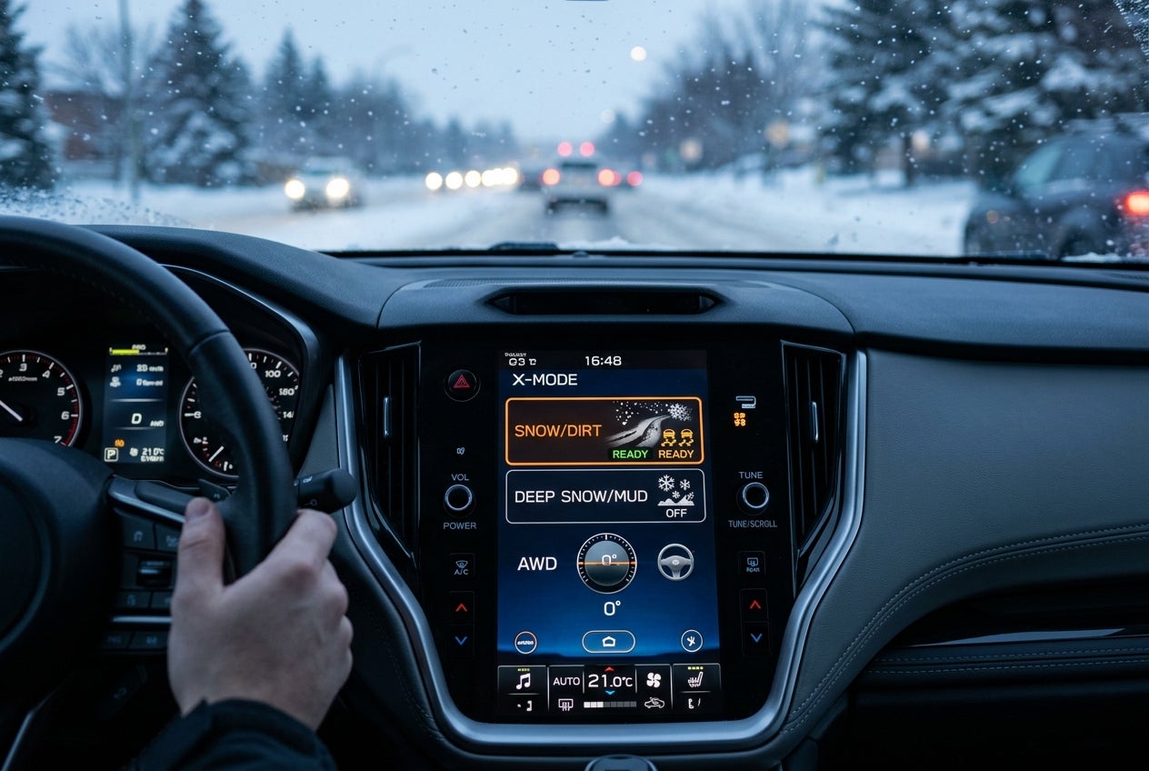 Driver holding steering wheel with car infotainment screen showing X-Mode winter settings on a snowy road. (Representative image for illustration purposes only. Actual vehicle may vary based on trim and configuration.)