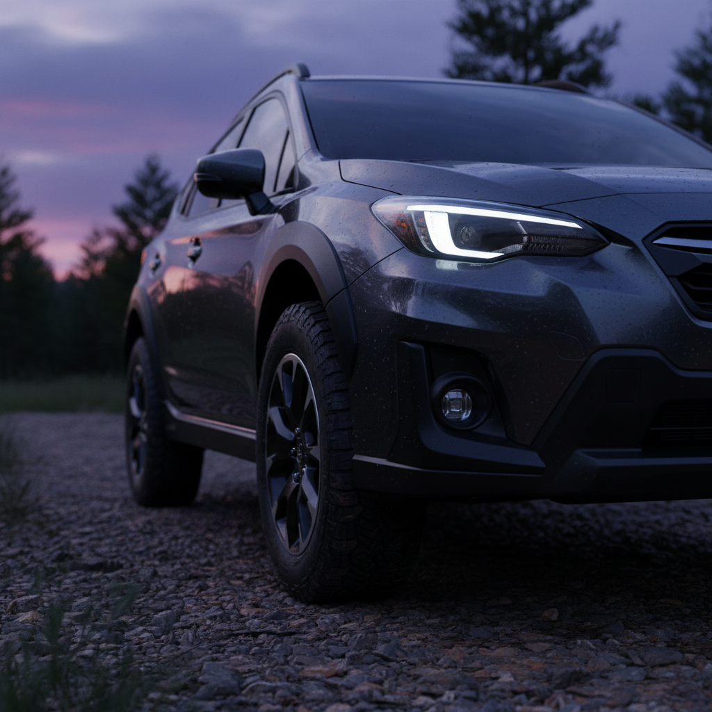 Close up of the sleek, modern LED headlight design of the upcoming Subaru model.