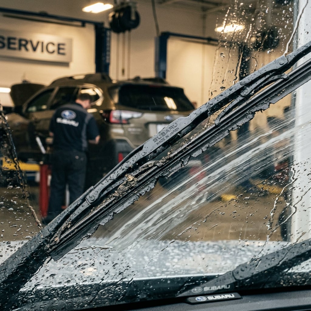 AI generated: Ultra-realistic automotive service inspection scene showing a Subaru windshield during a rainy day. Windshield wipers are moving across the glass, leaving visible milky streaks and a thin film of water behind. Close-up focus on a worn wiper blade with a damaged rubber edge that has lost its sharp squeegee profile. Tiny droplets, road grime, tree sap residue, and oily contaminants visible on the blade. Professional dealership service bay background softly blurred. Detailed automotive photography, cinematic lighting, shallow depth of field, highly realistic textures, educational automotive maintenance image, 8K resolution, magazine-quality.