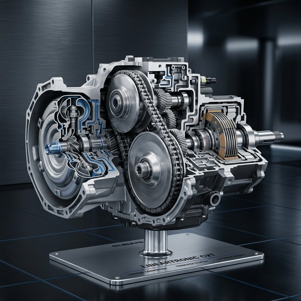 Cutaway view of a Subaru Lineartronic CVT showing torque converter, chain-driven pulleys, and transfer clutch pack. (Representative image for illustration purposes only. Actual vehicle may vary based on trim and configuration.)