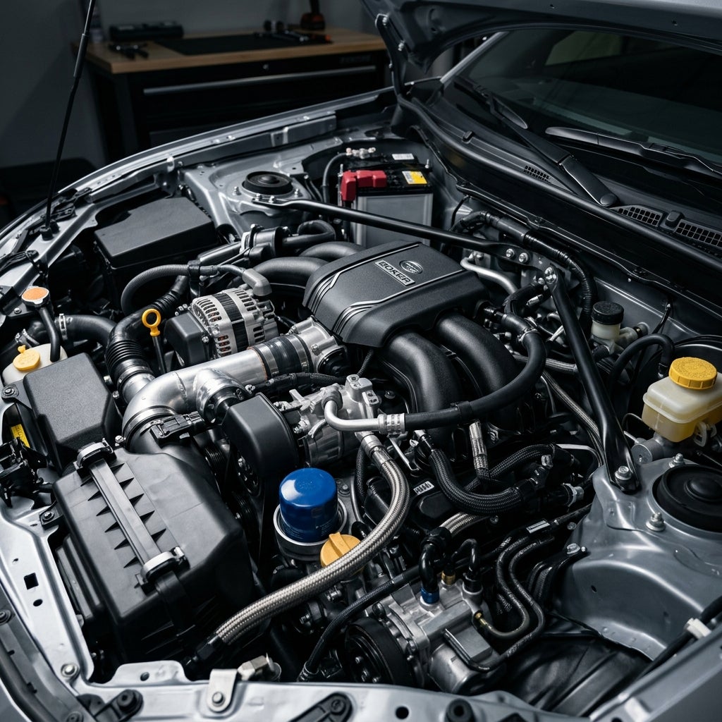 Clean modern car engine bay featuring a Subaru Boxer engine, blue oil filter, and aftermarket intake piping. (Representative image for illustration purposes only. Actual vehicle may vary based on trim and configuration.)