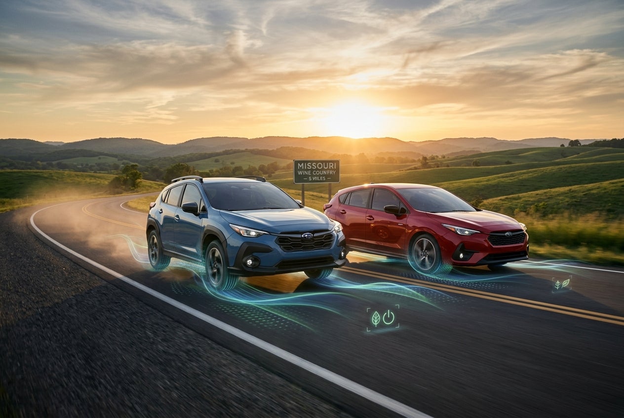 AI generated: A breathtaking photorealistic 2026 Subaru Crosstrek Limited and Subaru Impreza driving side-by-side through the rolling Missouri countryside at golden hour. The vehicles are surrounded by subtle visual representations of intelligent energy flow, showcasing efficient Symmetrical All-Wheel Drive operation. The scene blends fuel efficiency, modern technology, and all-weather confidence into a single powerful image. Crisp highway pavement, lush green hills, dramatic sky, ultra-realistic reflections, luxury automotive commercial photography, cinematic storytelling, award-winning advertising style, HDR, 8K resolution, magazine-quality image.