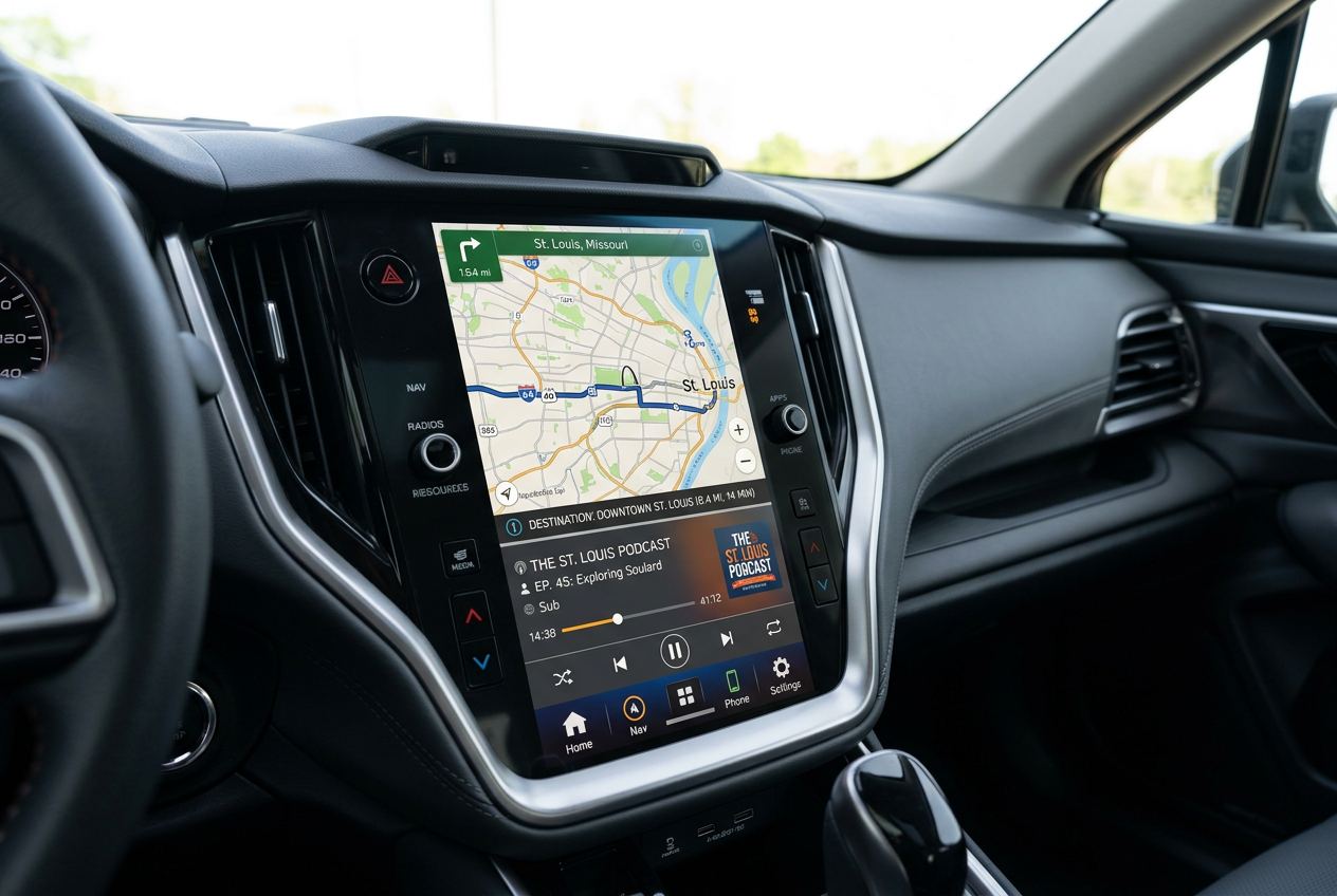 A modern car's center console touchscreen displaying a navigation map and an audio player interface. (Representative image for illustration purposes only. Actual vehicle may vary based on trim and configuration.)