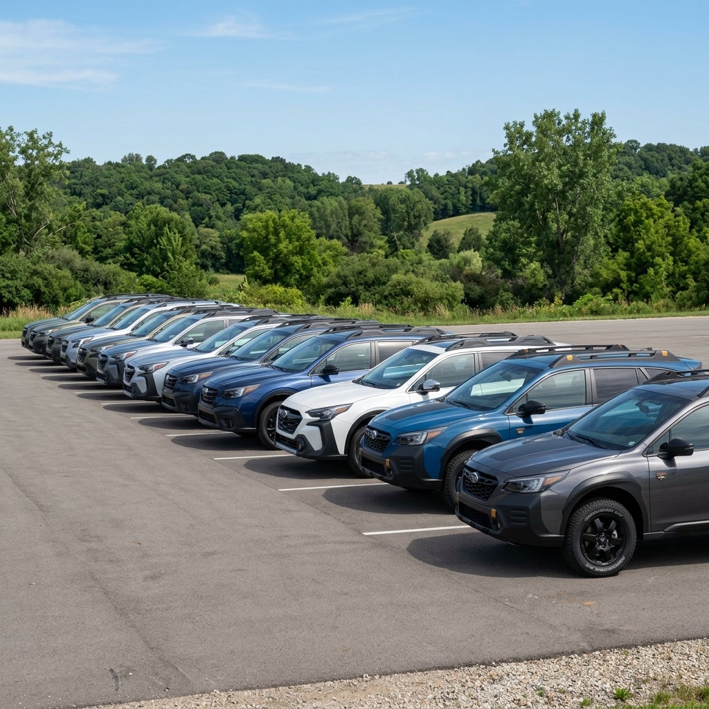 A row of colorful Subaru Outback SUVs parked neatly in an outdoor parking lot with green hills in the background. (Representative image for illustration purposes only. Actual vehicle may vary based on trim and configuration.)