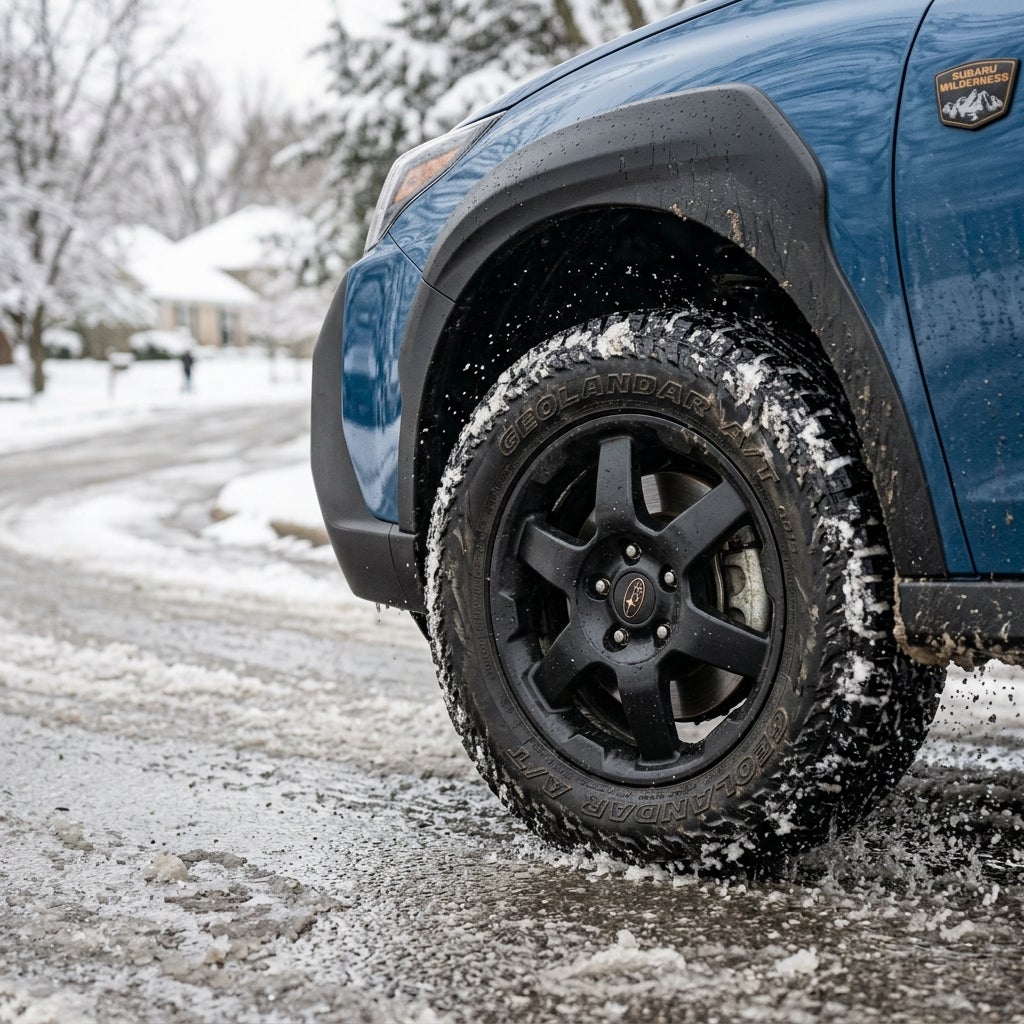 Close-up of a blue Subaru Wilderness vehicle's black wheel and all-terrain tire driving through snowy road slush. (Representative image for illustration purposes only. Actual vehicle may vary based on trim and configuration.)