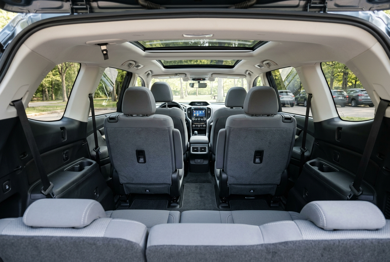 Interior view of a Subaru Ascent looking forward from the trunk showing three rows of grey cloth seating. (Representative image for illustration purposes only. Actual vehicle may vary based on trim and configuration.)