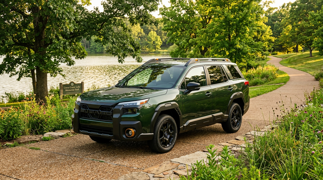 A green Subaru Forester SUV parked on a paved path next to a scenic lake surrounded by lush trees. (Representative image for illustration purposes only. Actual vehicle may vary based on trim and configuration.)