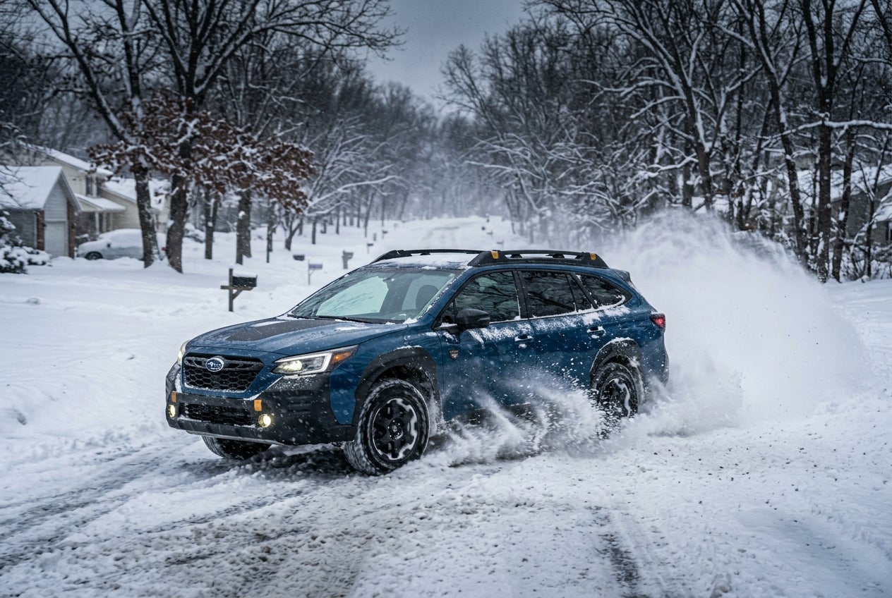 A blue Subaru Outback Wilderness driving through deep snow on a quiet residential street. (Representative image for illustration purposes only. Actual vehicle may vary based on trim and configuration.)