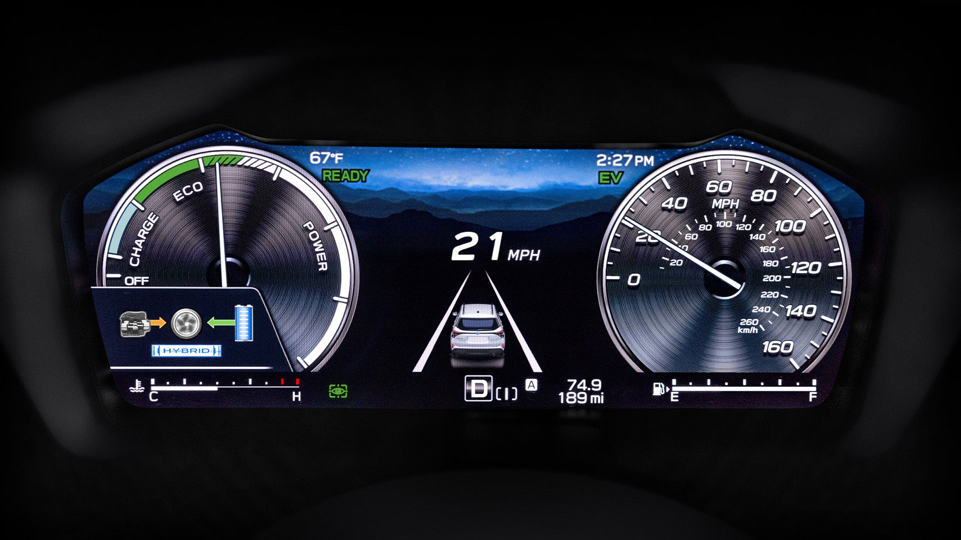 Car dashboard displaying speed, charge, and other vehicle information.