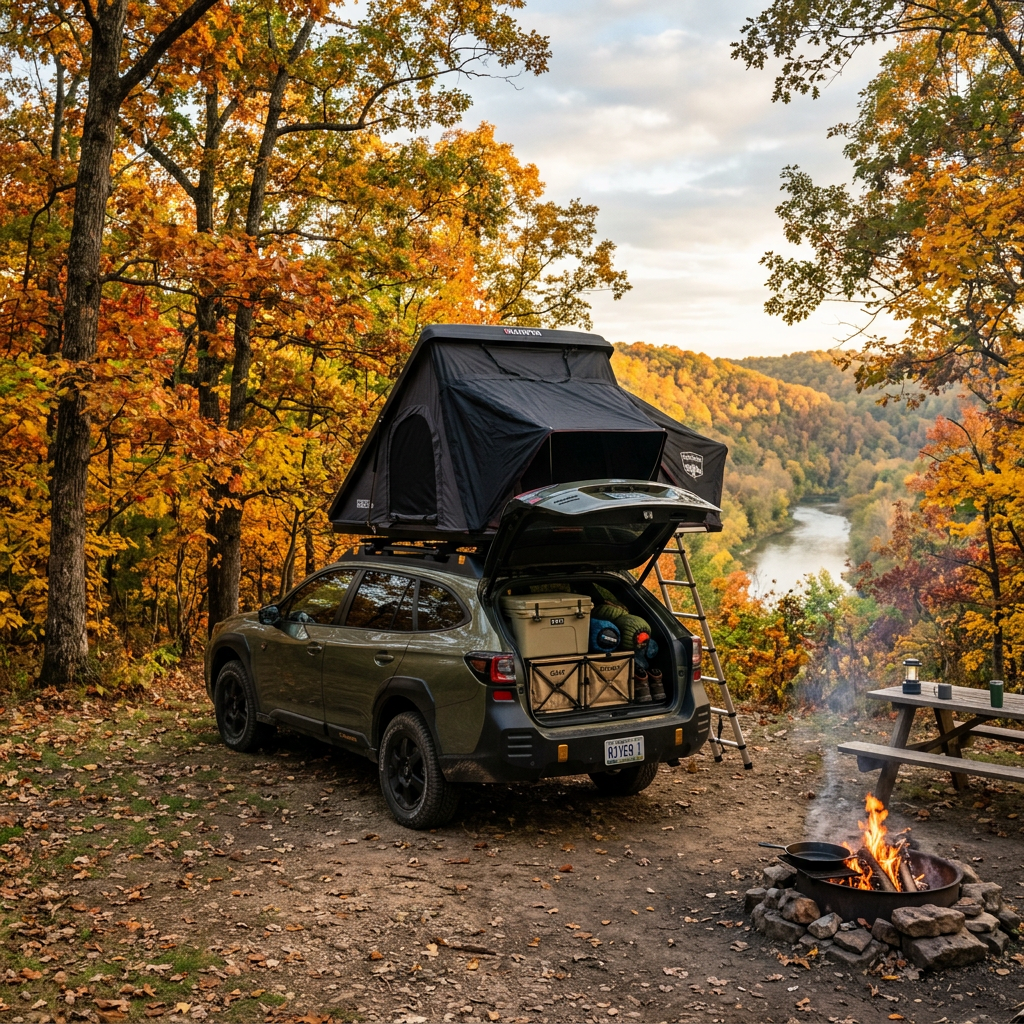 An olive green SUV parked at a campsite overlooking a river valley in autumn, featuring a rooftop tent and a campfire. (Representative image for illustration purposes only. Actual vehicle may vary based on trim and configuration.)
