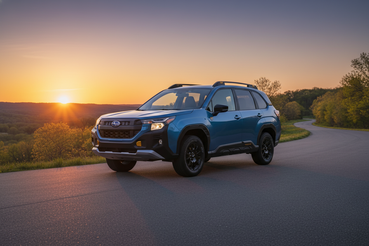 A Subaru Forester driving through a wooded Missouri trail, demonstrating its high ground clearance and X-MODE capability.