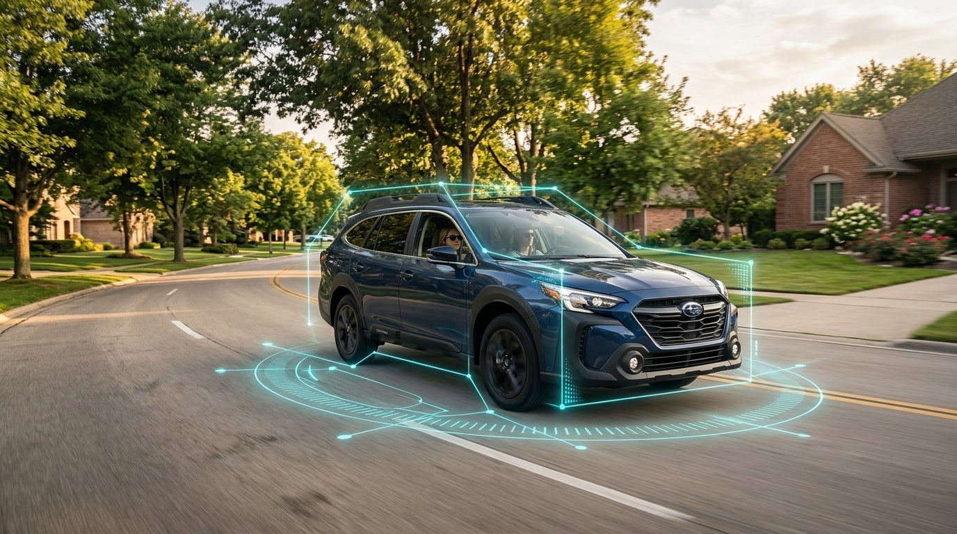 A blue Subaru SUV drives down a suburban street surrounded by a glowing cyan 3D bounding box and radar graphics. (Representative image for illustration purposes only. Actual vehicle may vary based on trim and configuration.)
