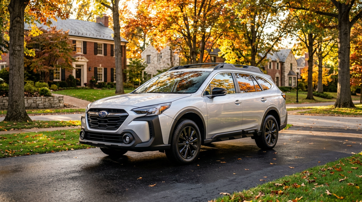 Silver Subaru Outback parked in a driveway in front of suburban houses with autumn foliage. (Representative image for illustration purposes only. Actual vehicle may vary based on trim and configuration.)